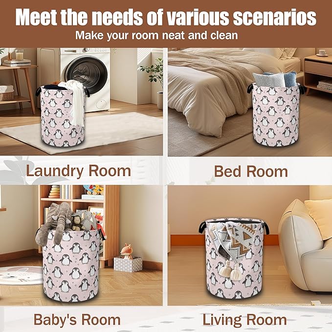 Cute Penguin Laundry Hamper,Pink Laundry Baskets,Waterproof Oxford Cloth Toy Storage for Bedroom,Bathroom,Nursery,16x20.8 Inch