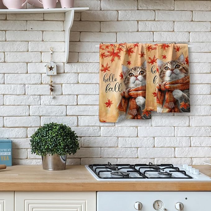 Hello Fall Hand Towel Autumn Cat Maple Leaves Kitchen Towels Set of 2 Soft Absorbent Face Towels Cute Animal Orange Leaves Small Bath Towel for Home Bathroom Hotel Spa Gym 14.4"x 28.3"