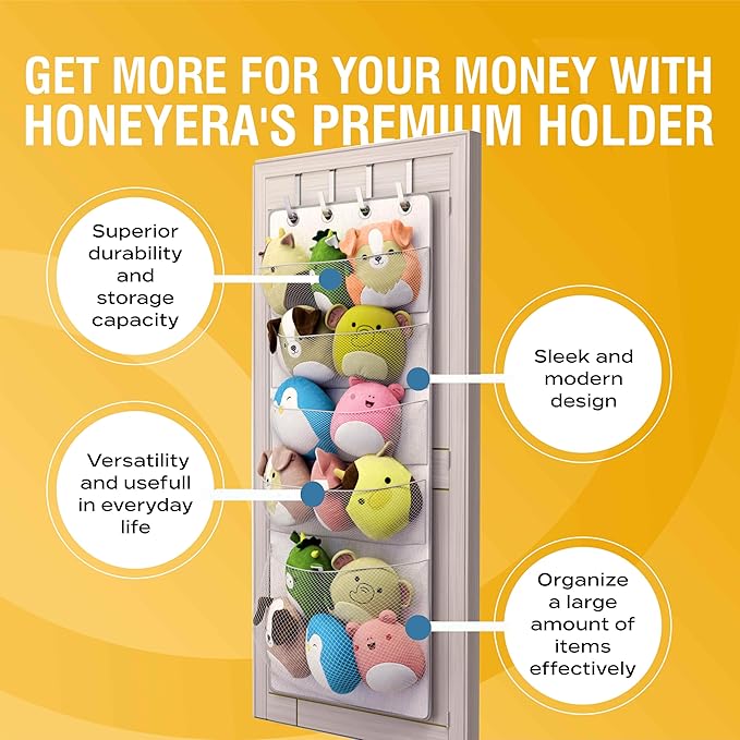 Honeyera Squishmallow Holder - Over The Door Space Saving Storage Solution with 5 Large Pockets - Quick 1-Minute Installation - Organize and Display Squishmallows - Durable and Easy Access for Kids