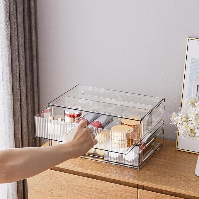 ZHIAI Stackable Storage Drawer, 2 Piece Acrylic Organiser for Cosmetics and Beauty Products, Suitable for Dressers, Bathrooms, Cabinets, Storage Rooms, Bedrooms and Home Organisers