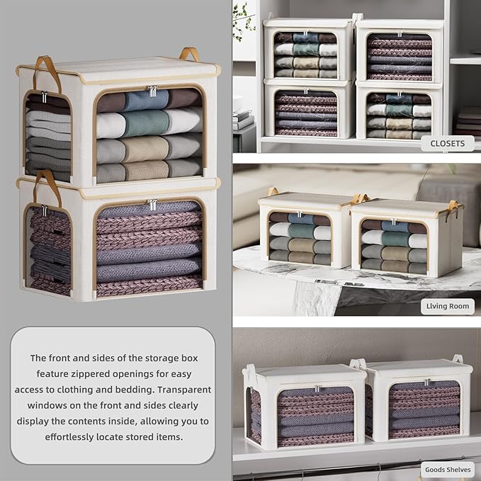 4 Pack Clothes Storage Bins with Metal Frame - 66L Stackable Storage Box with Lid,Foldable Storage Container Organizer for Clothes,Linen Fabric Storage Box with Clear Window&Zippers&Handles