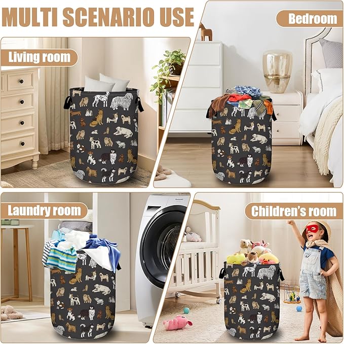 Cute Dogs Laundry Basket, Foldable Dog Lover Laundry Hamper Tote Bag Dirty Clothes Storage Bucket Toy Organizer for Bathroom/Laundry/Bedroom 15.7"x19.6"