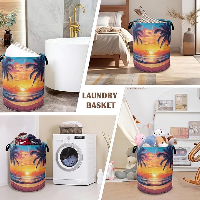 Laundry Hamper,Tropical Palm Laundry Basket,Sunset Sea Beach Waterproof Oxford Cloth Storage Basket with Handle for Clothes Books Nursery Home Storage Sundries 16"x20"