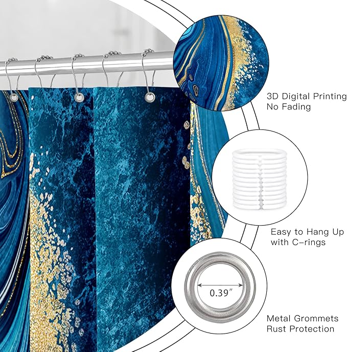 4PCS Blue Gold Marble Shower Curtain Sets with Rugs, Abstract Bathroom Sets with Shower Curtain and Rugs, Modern Bathroom Curtains Shower Set with Toilet Lid Cover for Bathroom Decor