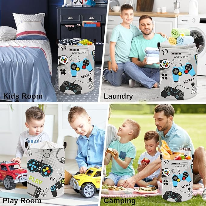 Clastyle Cool Game Storage Basket Kid Game Controller Clothes Laundry Hamper Collapsible Boy Toy Box for Nursery Palyroom,Gray,36 * 45 cm