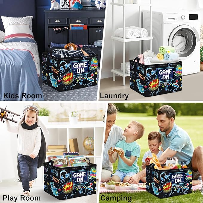 Clastyle Cool Game Storage Basket Kid Game Controller Clothes Laundry Hamper Collapsible Boy Toy Box for Nursery Palyroom,Black,40 * 30 * 30 cm