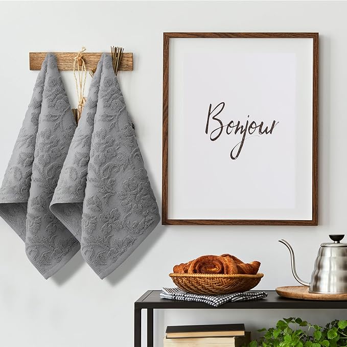 2 Pcs Quality Floral Jacquard Hand Towels Set for Bathroom Gray Hand Towels 100% Cotton Absorbent Decorative Weave Bath Decor Neutral Bathroom Decor Gift, 13.7 x 29.5 Inch