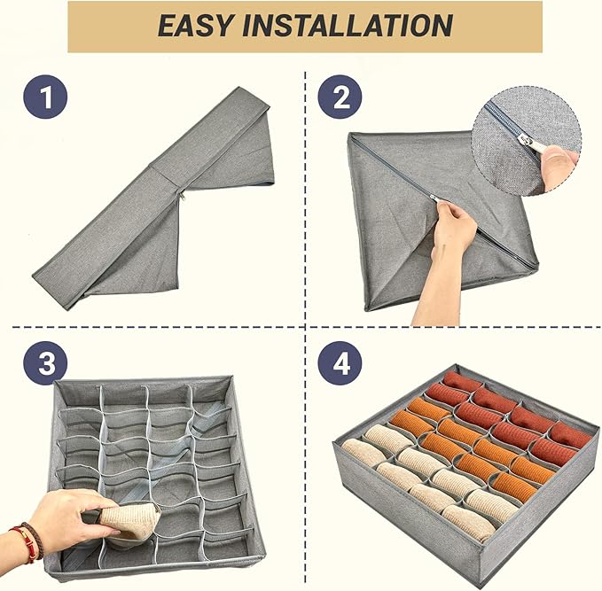 3 Pack 72-Cell Fabric Sock Organizer and Tie Organizer For Men - Fabric Foldable Drawer Divider for Socks, Underwear, Ties and Belts - Foldable, Multi-Cell Design, Space-Saving (Grey)