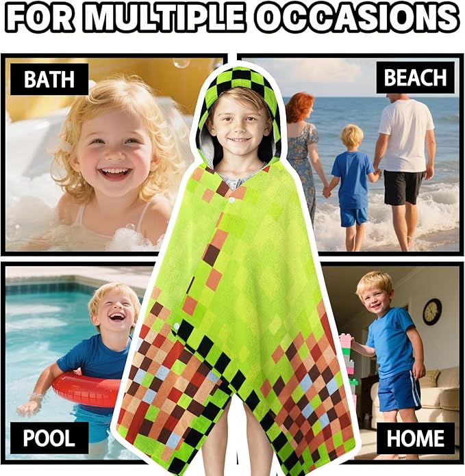 Hooded Towels for Kids- Ultra Soft 100% Cotton Game Style Toddler Hood Bath Towels/Pool Terry Towel Beach Poncho Wrap Absorbent Cute Bath & Swim Wrap for Boys & Girls 3-10 Years - Green