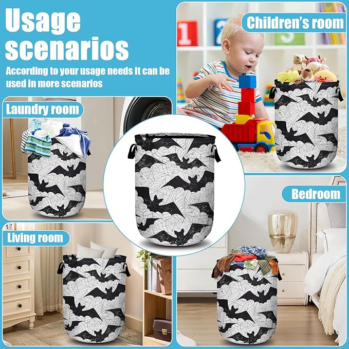 Retro Black White Bat Laundry Basket, Halloween Laundry Hamper Collapsible Oxford Cloth with Handle Clothes Toy Storage Bin for Bathroom Laundry Room Bedroom 15.7 X 20 Inch