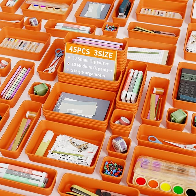 45 Pack Desk Drawer Organizer Tray, 3 Sizes Plastic Drawers Organizer Storage for Kitchen, Bathroom, Office, Vanity, Makeup, Utensils, Junk Drawer Organizer Bins, Gadget Trays for Organizing, Orange