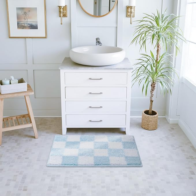 GRANNY SAYS Checkered Blue Bathroom Rugs, 24" x 16", Non-Slip Bath Mats for Bathroom, Plush Shag Absorbent Microfiber Ultra Soft Bath Mat, Cute Washable Rug for Tub, Shower, Bedroom