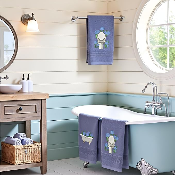 2pcs Blue Hydrangea Hand Towels for Bathroom Decorative Towels Set 100% Cotton cute Embroidered Spring summer floral bath towels dish kitchen towels Farmhouse Bathroom Decor Gift (Blue Hydrangea)