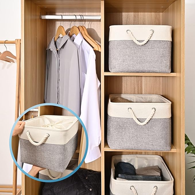 HOdo Home Fabric Storage Bin with Drawstring Closure and 2 Bold Handles, Collapsible Large Canvas Storage Baskets for Organizing Shelf Nursery Home Closet (White&Grey, 15.8L×11.8W×9.5H - 4Pack)