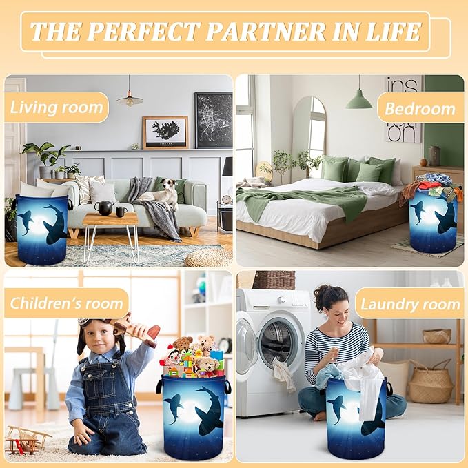 Floating Shark Laundry Basket, Sea Animals Laundry Hamper Foldable Waterproof Oxford Cloth Funny Tote Bag Dirty Clothes Storage Bucket Toy Organizer for Bathroom/Laundry/Bedroom 15.7"x19.6"