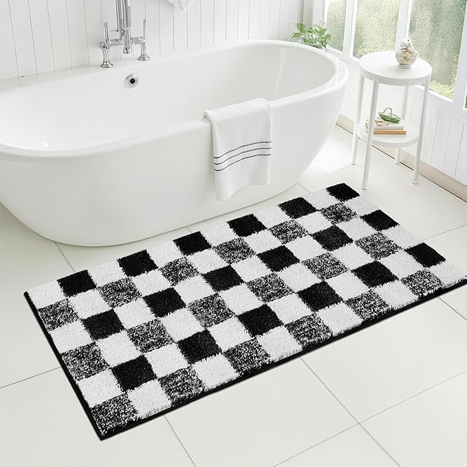 GRANNY SAYS Checkered Black Bathroom Rugs, 48" x 24", Non-Slip Bath Mats for Bathroom, Plush Shag Absorbent Microfiber Ultra Soft Bath Mat, Cute Washable Rug for Tub, Shower, Bedroom