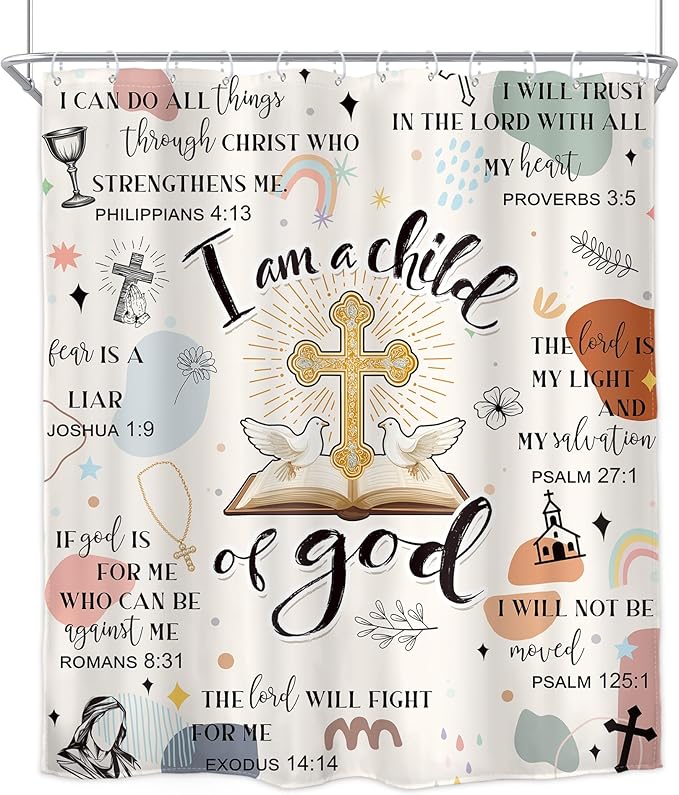 Homewelle Christian Bible Verse Shower Curtain Kids Boho Mid Century Inspirational Quotes Cross Abstract Motivational Positive Scripture 60Wx72H Inch Waterproof Polyester Fabric Bathroom Bathtub