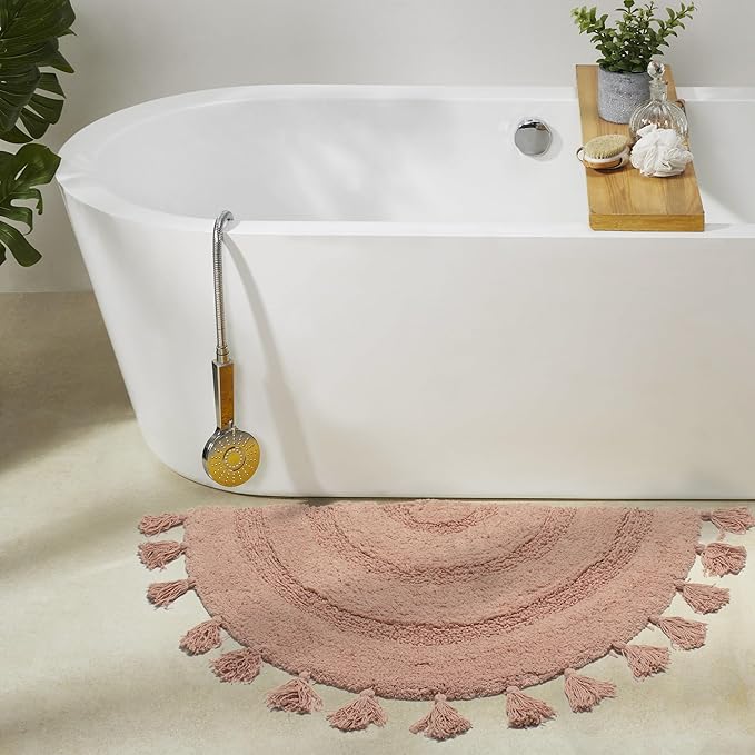 Half Circle Boho Rug with Tassels for Bedroom Extra Soft Cotton Blush Pink Bath Rugs Beautiful Handcrafted Crochet Boho Bathroom Rugs Non-Slip Absorbent Washable Cute Bath Mat for Bathroom Home Decor