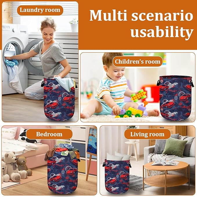 Red Racing Car Laundry Basket with Sturdy Handles, Speed Race Car Collapsible Oxford Cloth Laundry Hamper Organizer Basket for Bathroom Bedroom 15.7x20 Inch