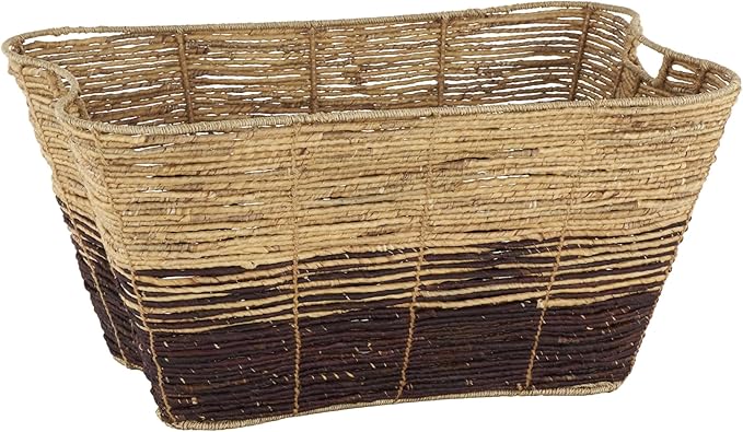 Deco 79 Seagrass Handmade Decorative and Functional Storage Basket Oversized Color Block Basket Organizer with Slot Handles, Basket for Storage 30" x 20" x 15", Brown