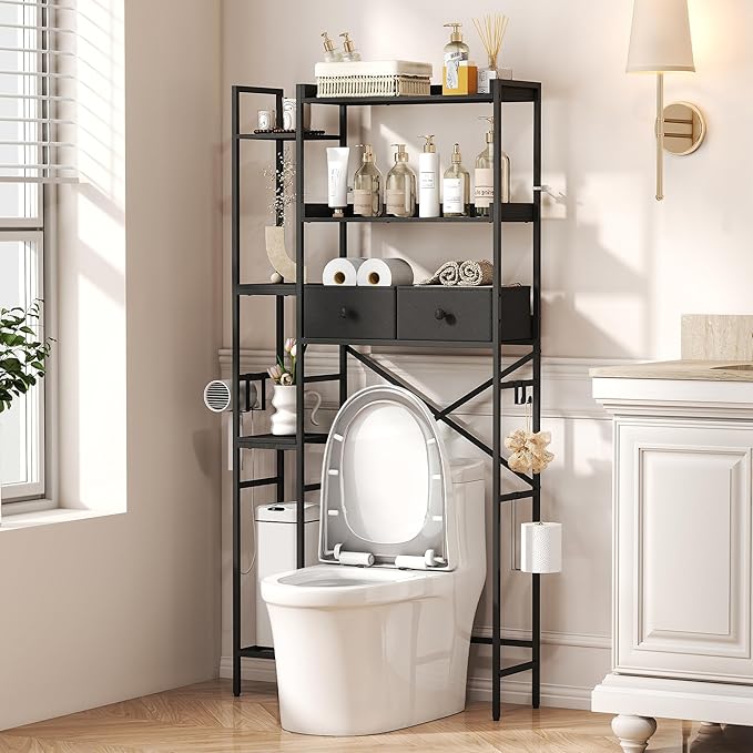 Over The Toilet Storage Shelf with Drawer, 7-Tier Above Toilet Bathroom Organizer with 4 Adjustable Side Shelves, Space Saver Freestanding Rack with Holder & Hook for Laundry Kitchen (Black)