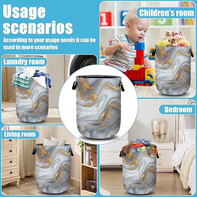 White Gold Marble Laundry Basket, Laundry Hamper Collapsible Oxford Cloth with Handle Clothes Toy Storage Bin for Bathroom Laundry Room Bedroom 15.7 X 20 Inch