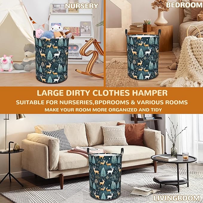 Christmas Deer Laundry Basket,Forest Trees Foldable Laundry Hamper Waterproof Oxford Cloth Tote Bag,Clothes Storage Bucket Decorative Toy Organizer For Bathroom Bedroom 16" x 20"
