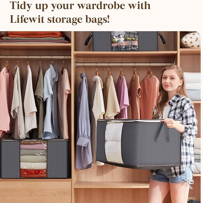 Lifewit 9 Pack 90L Clothes Storage Bins with Lids, Foldable Blanket Storage Bags with Zippers, Clear Window and Reinforced Handles, Closet and Organization for Clothing, Sweater, Comforter, Bedding
