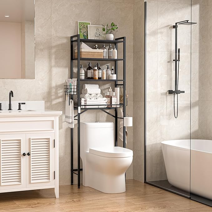 TETOTE Over Toilet Bathroom Organizer, 4-Tier Bathroom Over The Toilet Storage with Adjustable Shelf and Basket, Freestanding Space Saver Bathroom Shelves Above Toilet for Room(Black)