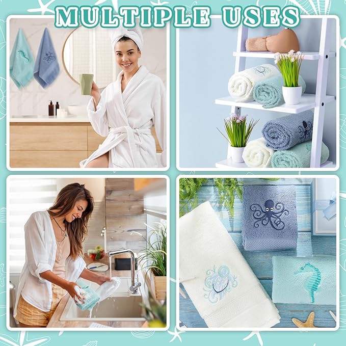 3 Pack Coastal Hand Towels for Bathroom 100% Cotton Embroidered Bathroom Towels 13.78 x 29.53 Inch Beach Hand Towels Soft Absorbent Cotton Towel (White, Blue Gray, Teal Aqua,Sea)