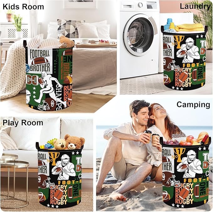 Comic Balls Baby Laundry Hamper Collapsible Clothes Kids Storage Basket Large Boys Gift Toy Box Bin for Nursery Room, Rugby, 63L