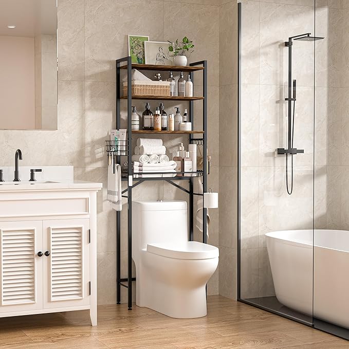 TETOTE Over Toilet Bathroom Organizer, 4-Tier Bathroom Over The Toilet Storage with Adjustable Shelf and Basket, Freestanding Space Saver Bathroom Shelves Above Toilet for Room(Brown)