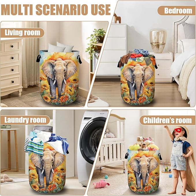 Watercolor Elephant Sunflower Laundry Basket, Foldable Wild Animals Laundry Hamper Tote Bag Dirty Clothes Storage Bucket Toy Organizer for Bathroom/Laundry/Bedroom 15.7"x19.6"
