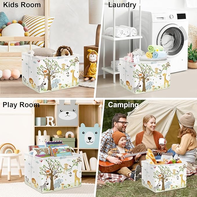 Clastyle 36L Woodland Vine Animal Tree Nursery Decor Baby Basket Collapsible Rectangle Giraffe Monkey Tiger Clothes Toy Book Shelf Basket