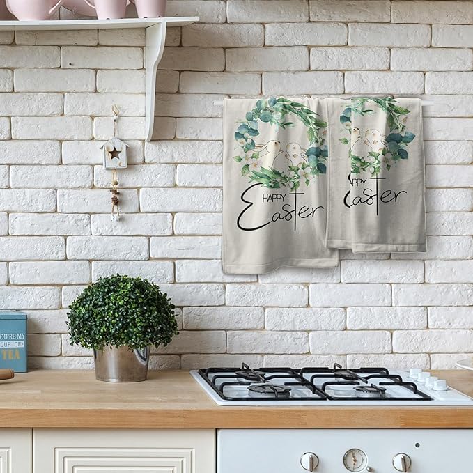 Happy Easter Hand Towels Green Leaves Kitchen Towels Set of 2 Soft Absorbent Easter Rabbit Bunny Bath Towels 14x28 Inch Spring Holiday Beige Dish Towels for Bathroom Kitchen Bar Tea Gym Spa Decor