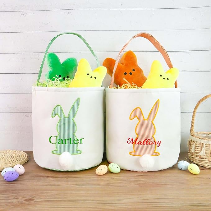 MT WORLD Toddler Easter Bunny Basket Personalized Easter Egg Bucket for Kids with Name Canvas Rabbit Bucket Tote for Baby Boys Girls Easter Egg Hunts Decorations Candy Gifts Storage (Green Bunny)