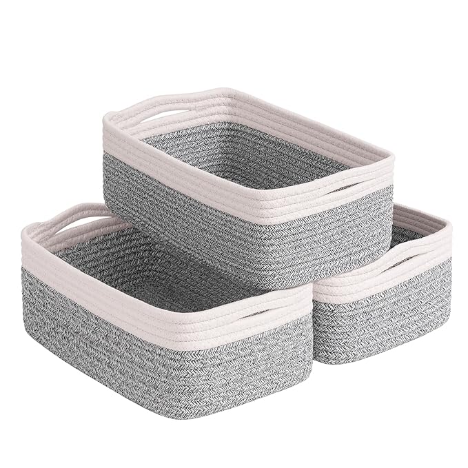 Goodpick Storage Bins, Baskets for Shelves, Cotton Rope Basket for Organization, Closet Organizer Bins, Towel Baskets for Bathroom 3 Pack, White & Light Gray, 11 x 7 x 4.5 in