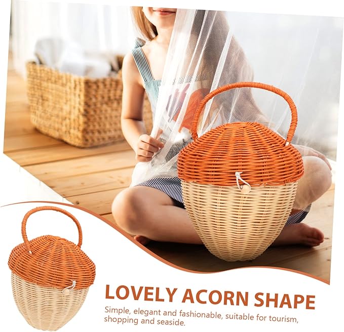 DOITOOL Boy Girl 's Acorn Shaped Rattan Clutch Bag Hand-Woven Decorative Basket for Photography Prop and Small Item Storage and Stylish Tote for Outdoor and Party Use
