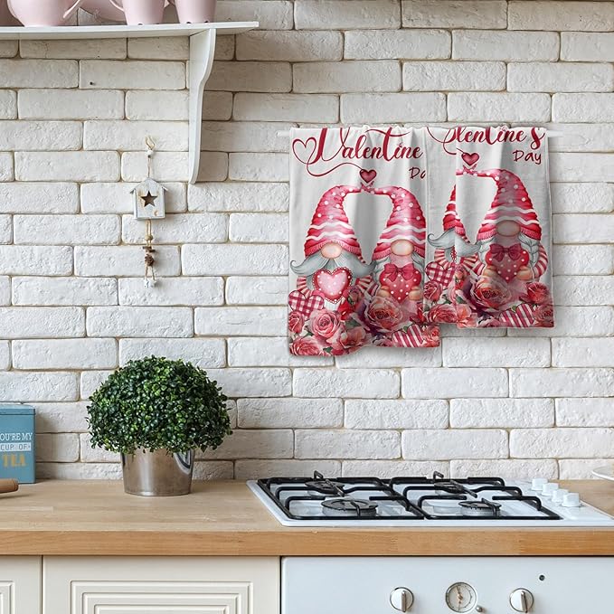 Happy Valentine's Day Hand Bath Towel Set of 2 Soft Absorbent Pink Red Love Heart Flowers Dishtowel Romantic Gnome Bouquet Tea Towels Cooking Wash Cloth for Kitchen Bar Beach Gym Spa Decor 14x28 Inch