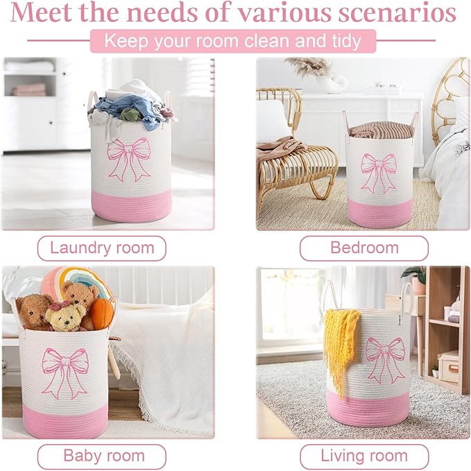 Honeydak Pink Bow Cotton Rope Laundry Basket Hamper Large Laundry Basket Hamper Coquette Bow Room Decor for Girls Girly Nursery Storage Bin Tall Round Organizer for Blanket Toys Clothes