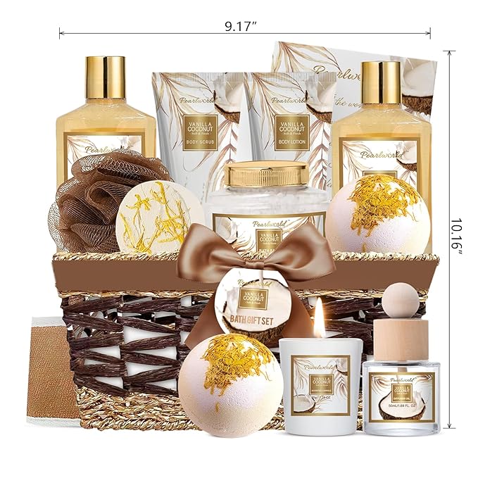 Valentine's Day Gifts Basket for Women, 15pcs Vanilla Coconut Bath Set with Shower Gel, Bubble Bath, Diffuser Oil, Scented Candle, Skin Care Kit Birthday Gift for Women