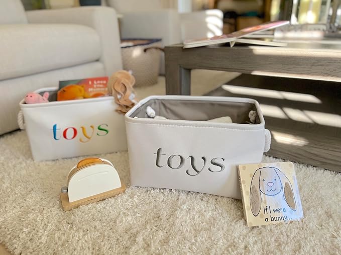 APPLE PIE ORDER Nursery basket, Storage & organizer Bin for Baby, Diapers, Wipes, Books, Toys. White Canvas fabric Decorative Box with Embroidering. (Toys - colorful, Medium)