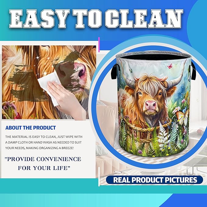Highland Cow Laundry Basket Longhorn Cattle Oxford Cloth Laundry Hamper With Handle Foldable Portable Clothes Storage Basket 18.9 X 16.5 Inch Storage Bag For Laundry Room/Bathroom/Bedroom