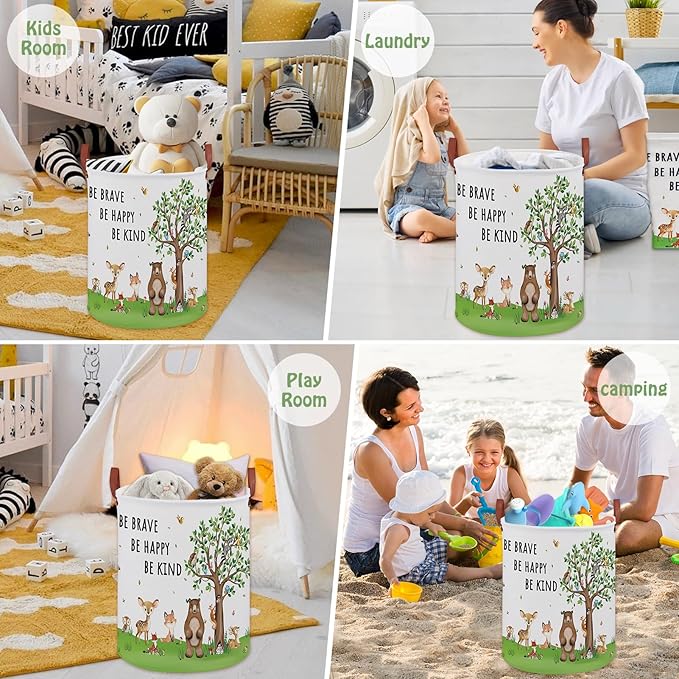 Woodland Baby Laundry Hamper,Bear Baby Boy Nursery Decor with Inspirational Quotes,Animal Toddler Laundry Hamper,Tree Storage Bin Fox Owl Towel Bin Clothes Book Toy Organizer Box(Green)