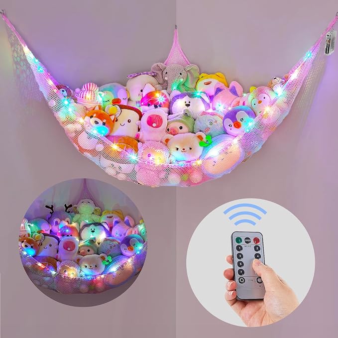 Basumee Stuffed Animals Net or Hammock with LED Light Hanging Toy Net Hammock for Stuffed Animals Storage Stuff Animals Hammocks for Nursery Room with Remote Control, 8 Kinds of Lights(Pack of 1)