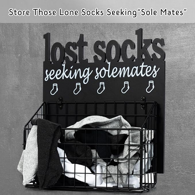 Lost Socks Basket for Laundry Room, Rustic Farmhouse Cutout Letters Organization, Home Wooden Decor And Accessories, Seeking Solemates Sign