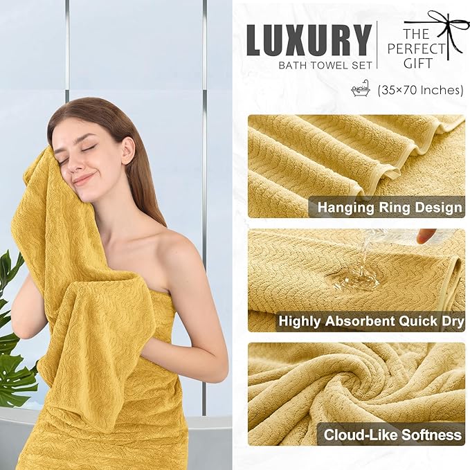 4 Piece Extra Large Bath Towel 35"x70" Oversized Bath Sheet Bath Towel Set for Bathroom Ultra Soft Cozy Highly Absorbent Quick Dry Bathroom Towel for Spa Gym Hotel,Shower Towel for Daily Use,Yellow