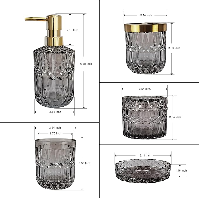 Gray Bathroom Accessories Set, 5Pcs Clear Glass Bathroom Sets, Soap Dispenser, Soap Dish, Toothbrush Holder Set, Cotton Swab Jar, Black and Gold Accent for Vintage Bathroom Decor, Gift Set