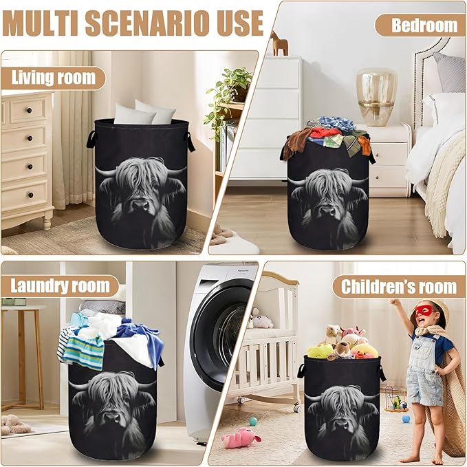 Highland Cow Laundry Basket, Foldable Waterproof Black Laundry Hamper Tote Bag Dirty Clothes Storage Bucket Toy Organizer for Bathroom/Laundry/Bedroom 15.7"x19.6"Highland Cow