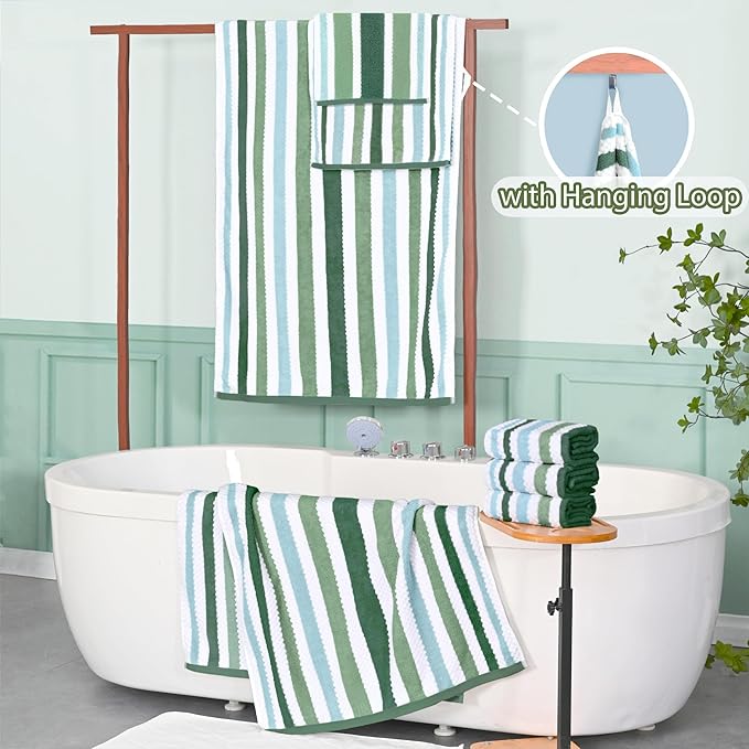 Green and White Washcloths (6PC, 13"x13") - 100% Cotton, Quick Dry, Thick&Absorb, Soft Washcloths for Bathroom & Showering, Striped Wash Cloths for Face & Body, Green Stripe and White Waffle/Checkered